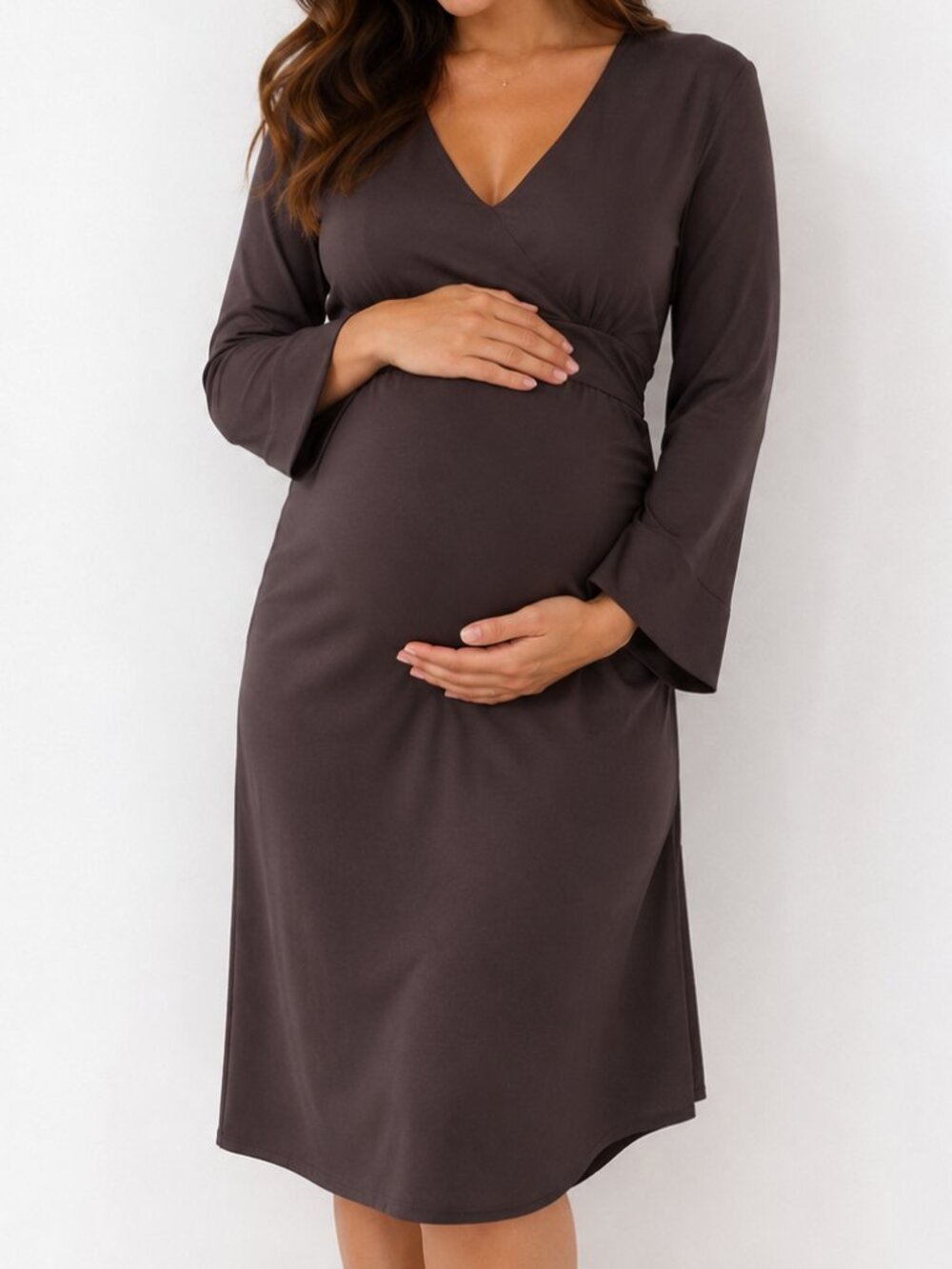 LIZ LANGE Maternity Women's Long Sleeve V Neck Brown Midi Dress Small